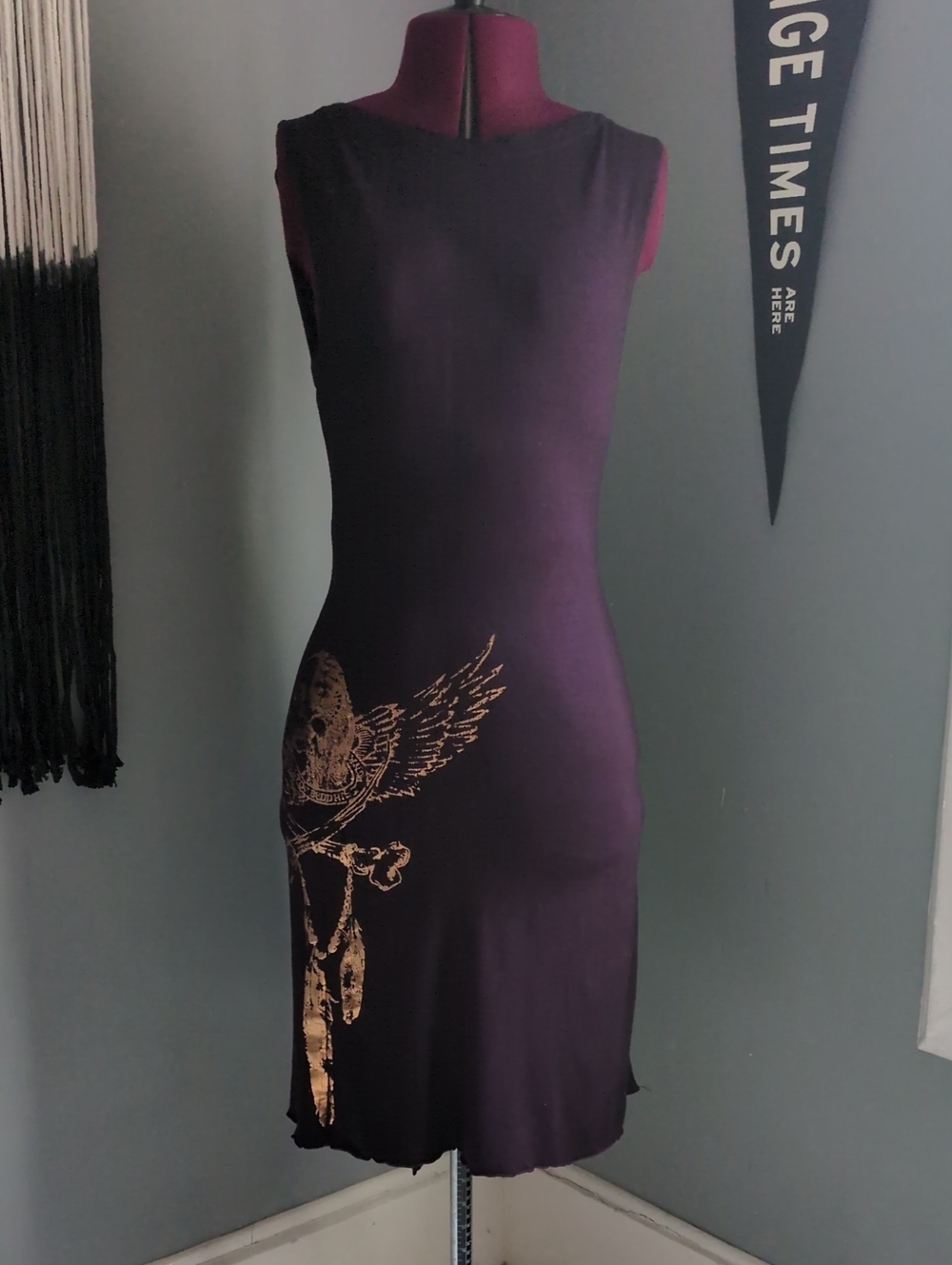 Backless Purple Shift Dress with Metallic Gold Skull Graphic Buddhist Punk Y2K
